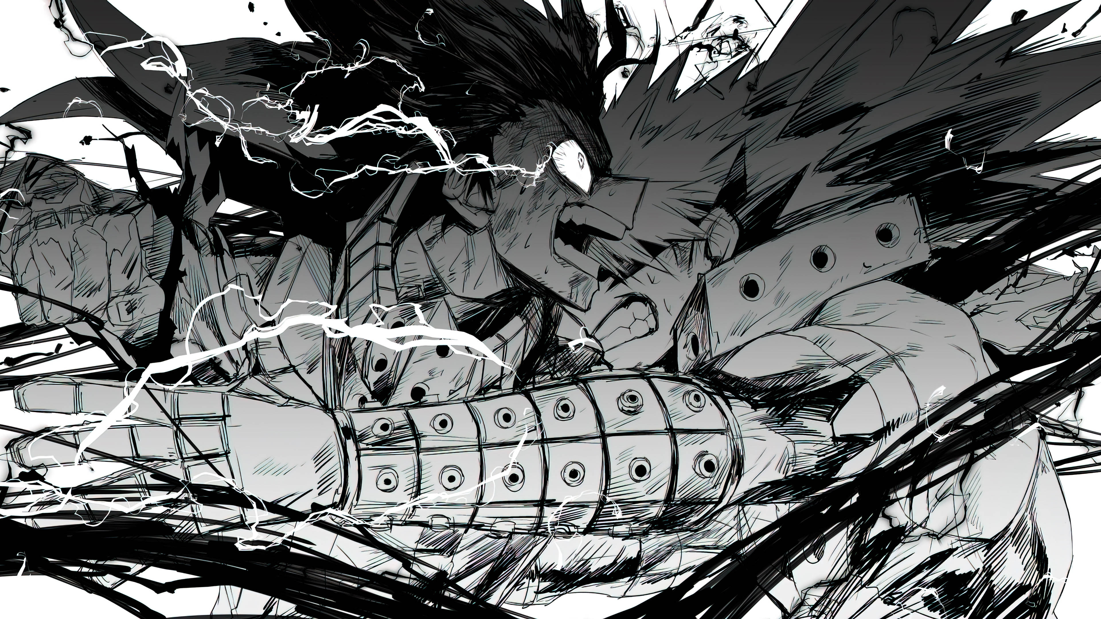 反派 Deku 與 Bakugo 漫畫分鏡 壁紙 — 一個動態的黑白動漫角色，有著尖刺頭髮和閃電在他緊握的拳頭周圍劈啪作響，擺出激烈的戰鬥姿勢。