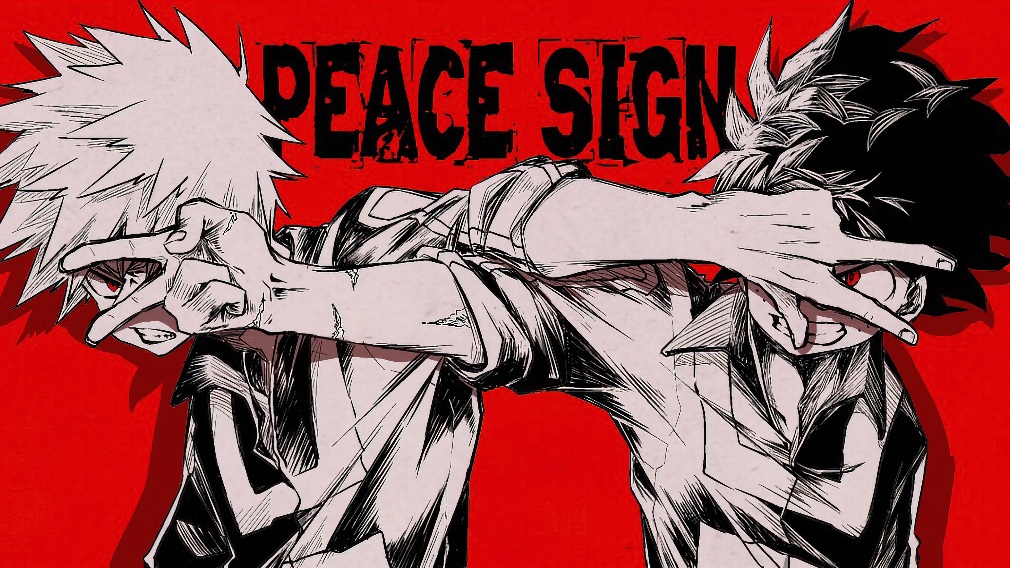 反派 Deku 與 Katsuki 挥手和平 壁紙 — 兩個動漫角色頭髮豎起，在鮮紅色背景上做出和平手勢，並帶有粗體文字。