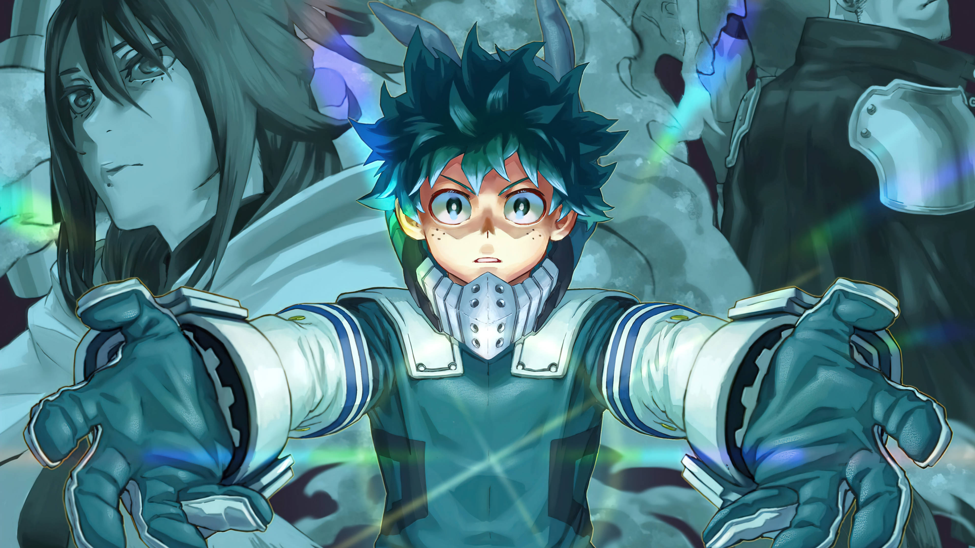 反派 Deku 與 Nana 和 Banjo 壁紙 — 一位堅定的動漫英雄，擁有尖刺的藍綠色頭髮和發光的眼睛，以動態的動作姿勢向前伸展雙臂。
