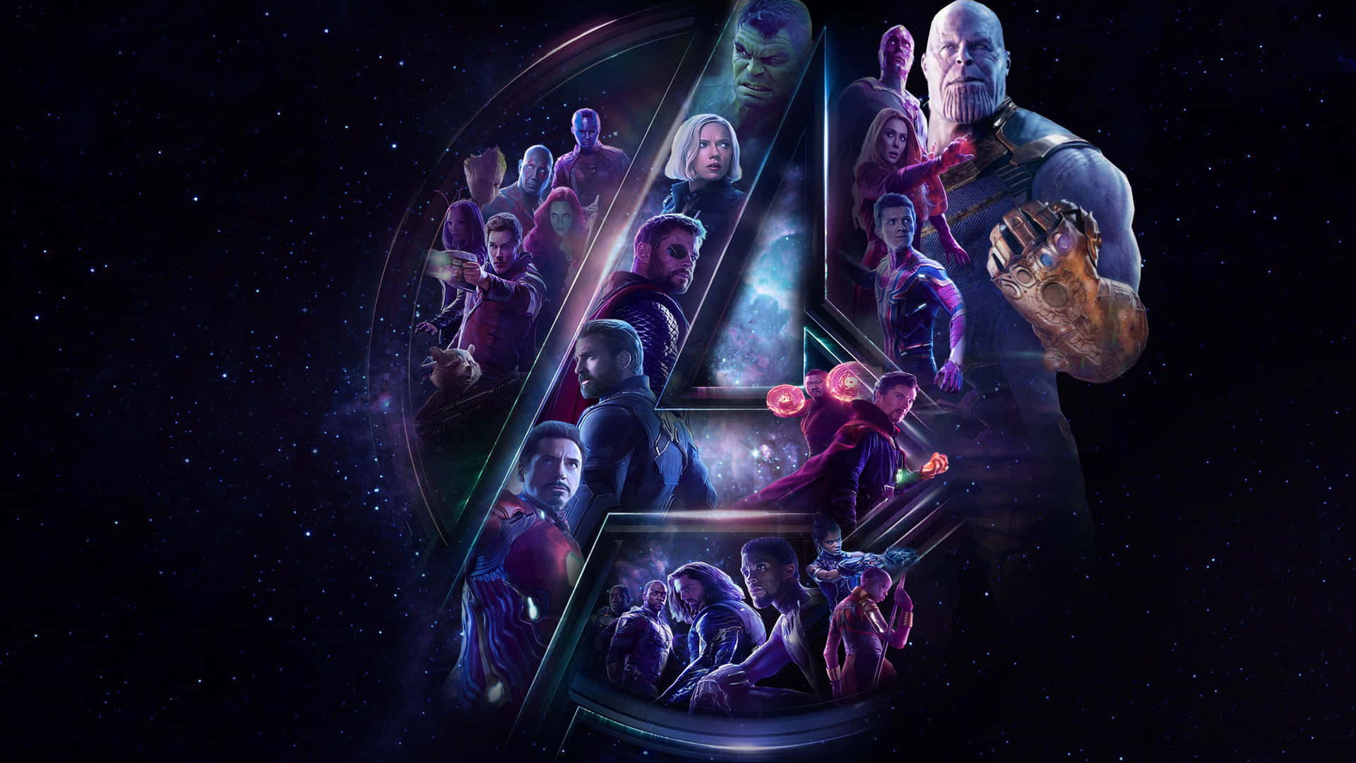 復仇者角色在太空中，Thanos 手持 Infinity Gauntlet。