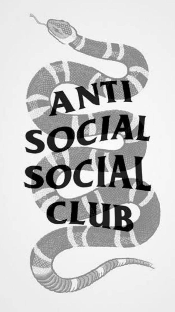 反社交俱樂部蛇 壁紙 — 一條盤繞的蛇的黑白風格插圖，粗體文字 anti social social club 交織在蛇身中。