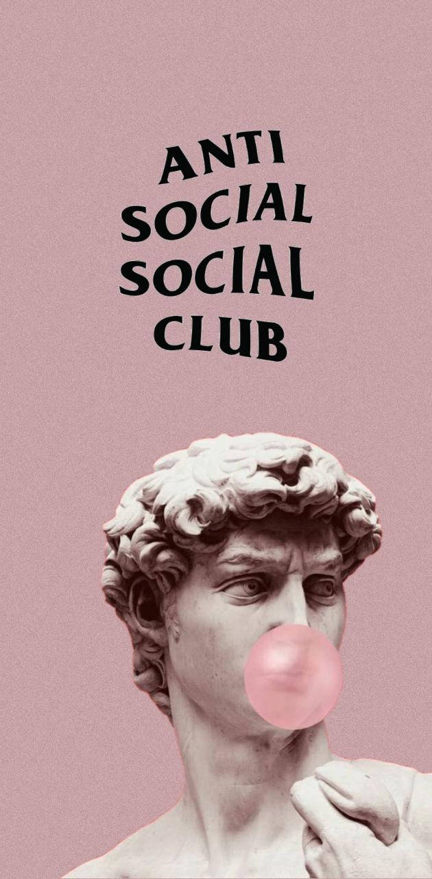 大理石大衛雕像吹粉紅色泡泡糖，附有 anti social social club 文字。