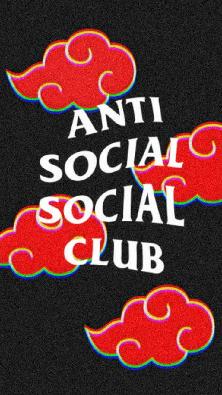 反社交社交俱樂部赤紅雲 壁紙 — 粗體白色文字寫著 anti social social club，周圍環繞著帶有彩虹輪廓的鮮紅色雲朵，背景為黑色。