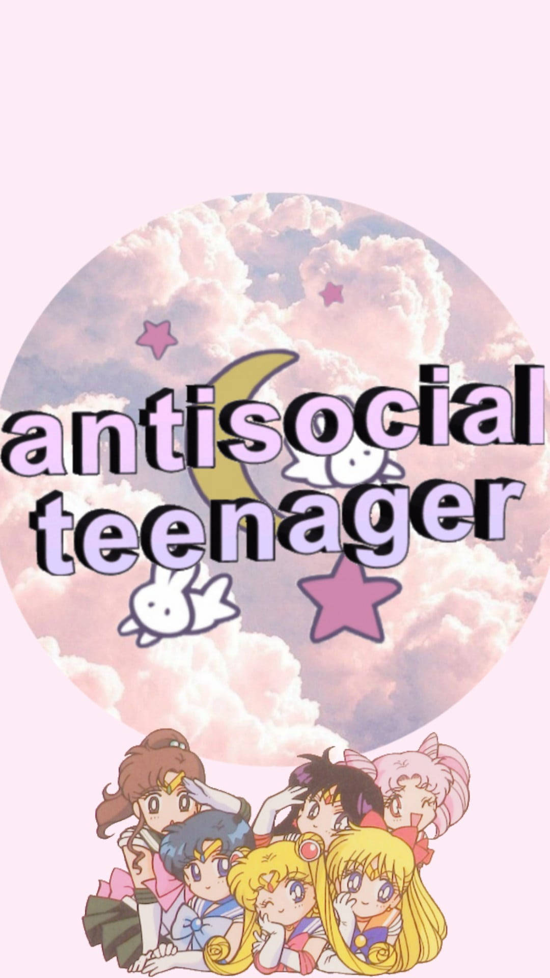 反社交青少年美少女戰士 壁紙 — 動漫角色在帶有星星和彎月的柔和天空下擠在一起。