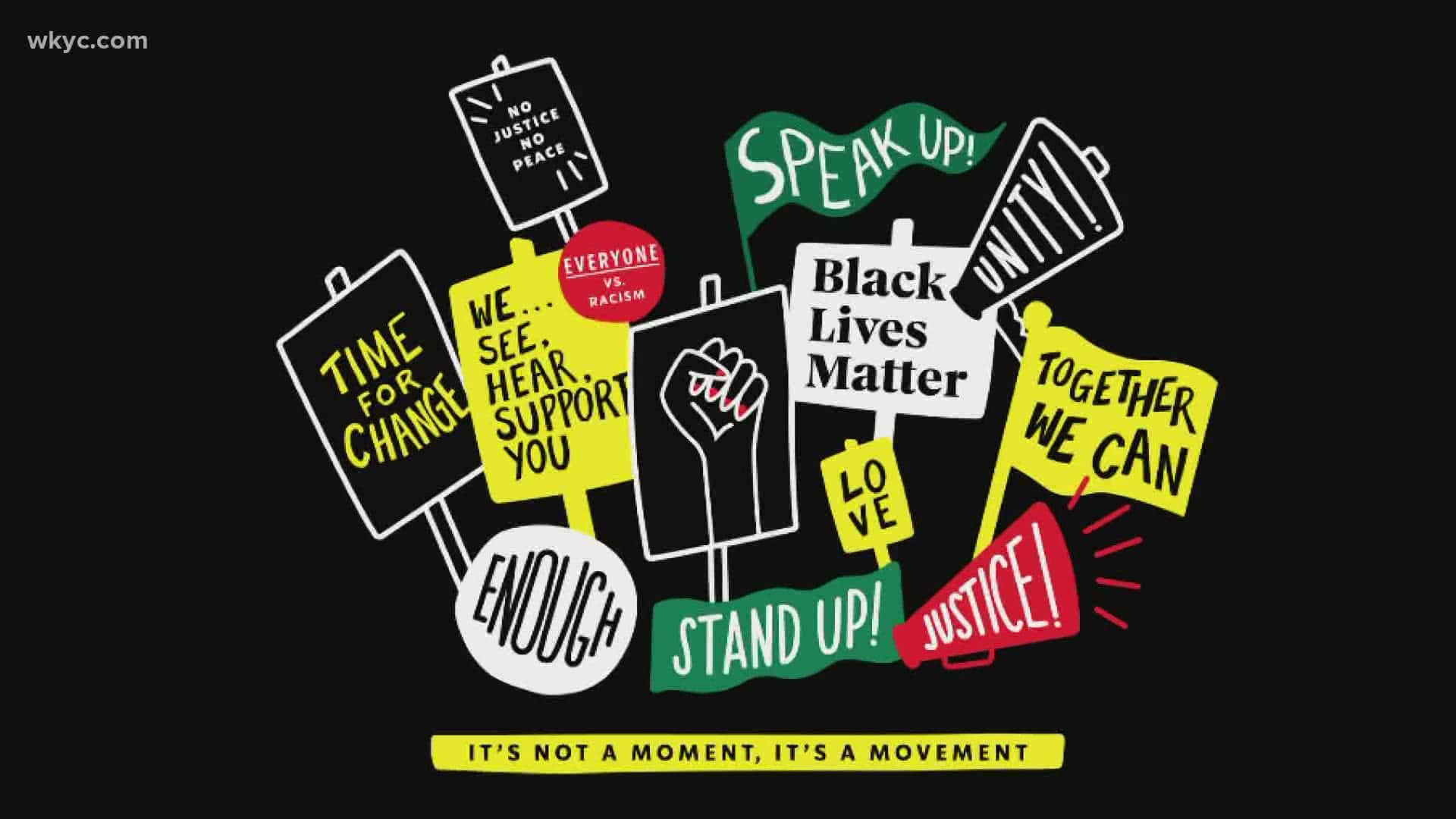 一系列抗議標語牌，上面帶有 Black Lives Matter 和 Speak Up! 等訊息，置於黑色背景上。
