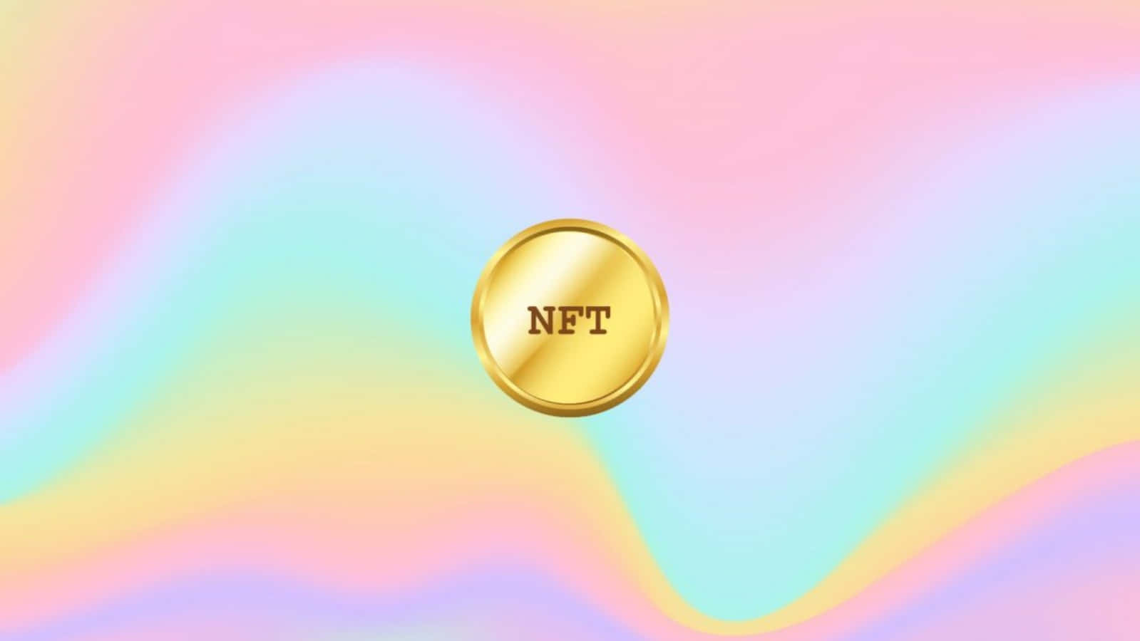 金色NFT硬幣在色彩繽紛的粉彩漸變背景上。
