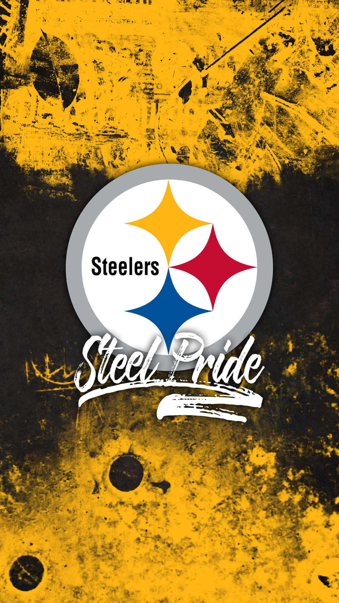 匹茲堡鋼人隊標誌及「Steel Pride」文字在磨損的黃色和黑色背景上。