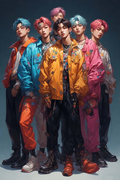 受 BTS 風格啟發的 K-pop 男子團體寫實群像 壁紙 — 七名年輕男子擁有鮮豔染髮和大膽街頭服飾，自信地站在冷色調的攝影棚背景前。