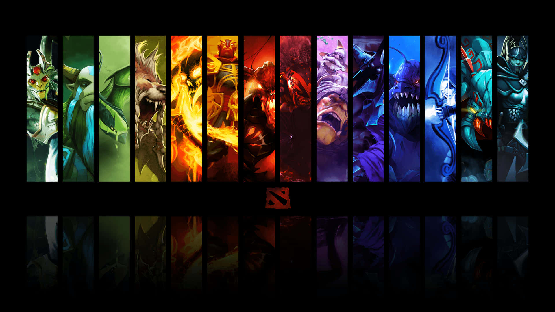 十個Dota 2英雄在垂直面板中，下方有發光標誌