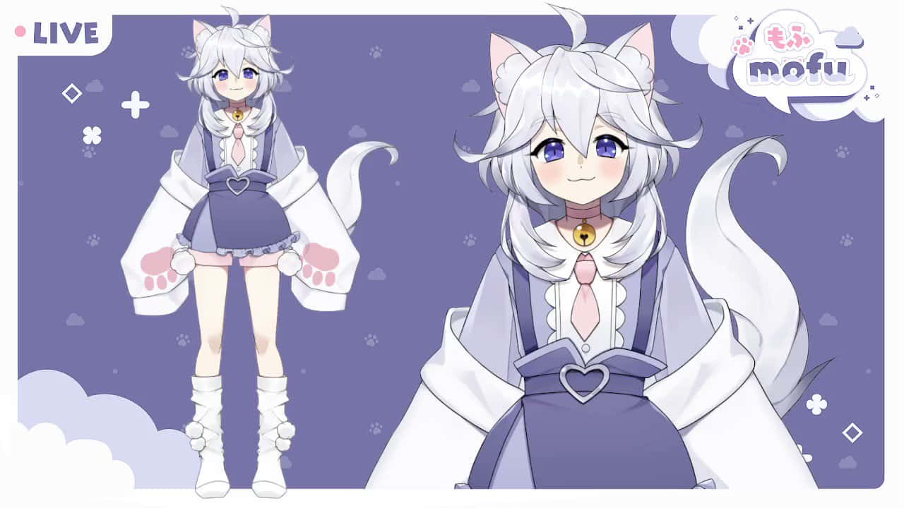 兩位穿著紫色和白色服裝的動漫貓娘，擁有蓬鬆的尾巴和爪子。