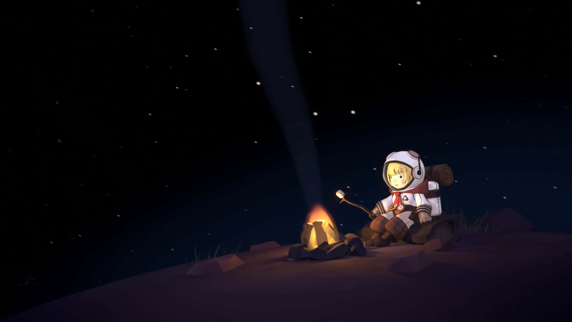 兒童太空人在星空下的營火旁烤棉花糖。