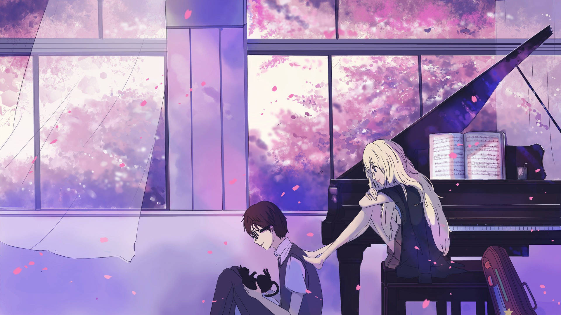 兩個動漫角色坐在鋼琴旁，櫻花從窗戶飄落。