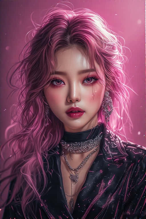 受BLACKPINK風格啟發的K-pop偶像 壁紙 — 一位擁有鮮豔粉紅頭髮和誇張妝容的迷人女性，在發光的粉紅背景下凝視著。