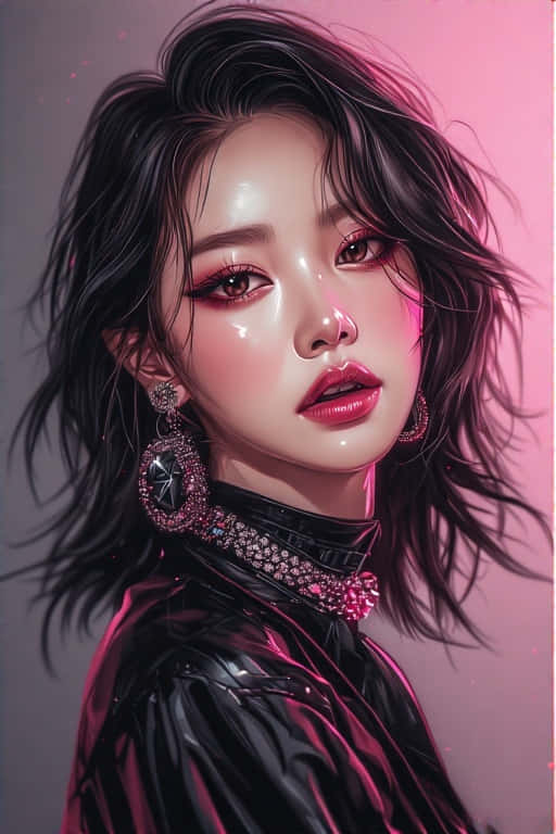 受BLACKPINK風格啟發的K-pop偶像 壁紙 — 一位深色頭髮、大膽紅唇的迷人女性，在粉紅色燈光下穿著閃亮的黑色服裝和閃閃發光的珠寶。