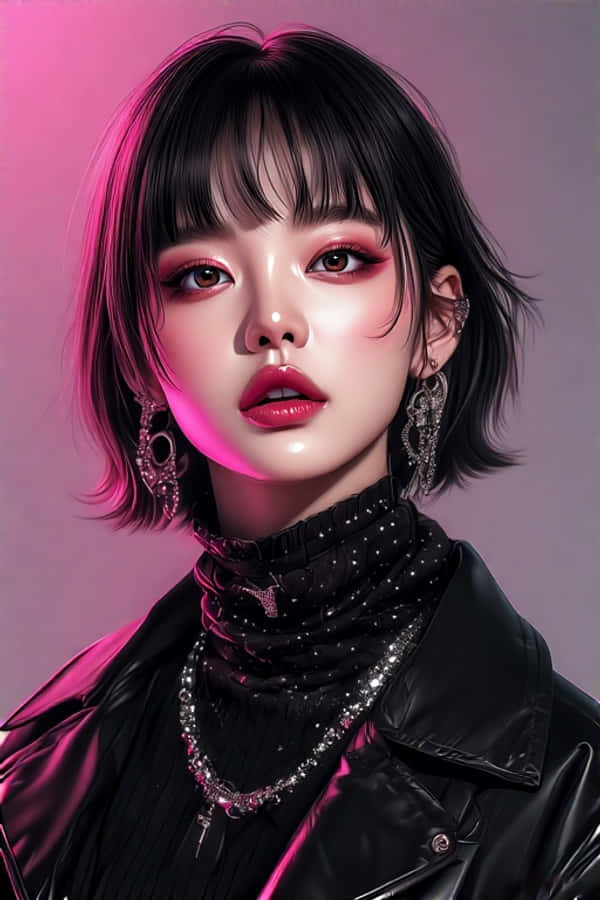 受BLACKPINK風格啟發的K-pop偶像 壁紙 — 一位短黑髮、紅唇大膽的年輕女性，在粉紅色霓虹燈光下穿著黑色皮夾克和閃閃發光的珠寶。