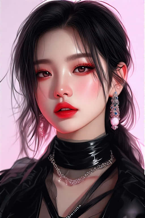 受BLACKPINK風格啟發的K-pop偶像 壁紙 — 一位黑髮紅唇的女性數碼肖像，背景為柔和粉紅色，戴著黑色頸鏈和珠寶耳環。