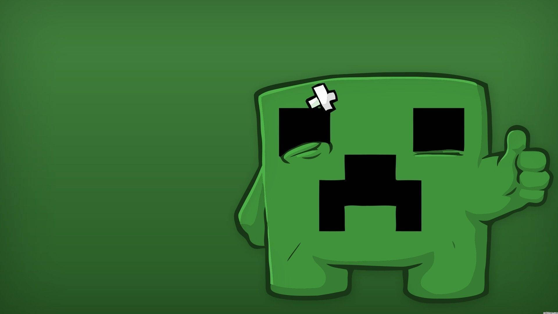 受傷的Minecraft苦力怕 壁紙 — 一個頭部貼著繃帶的開心綠色 Minecraft 苦力怕，在純綠色背景上豎起大拇指。