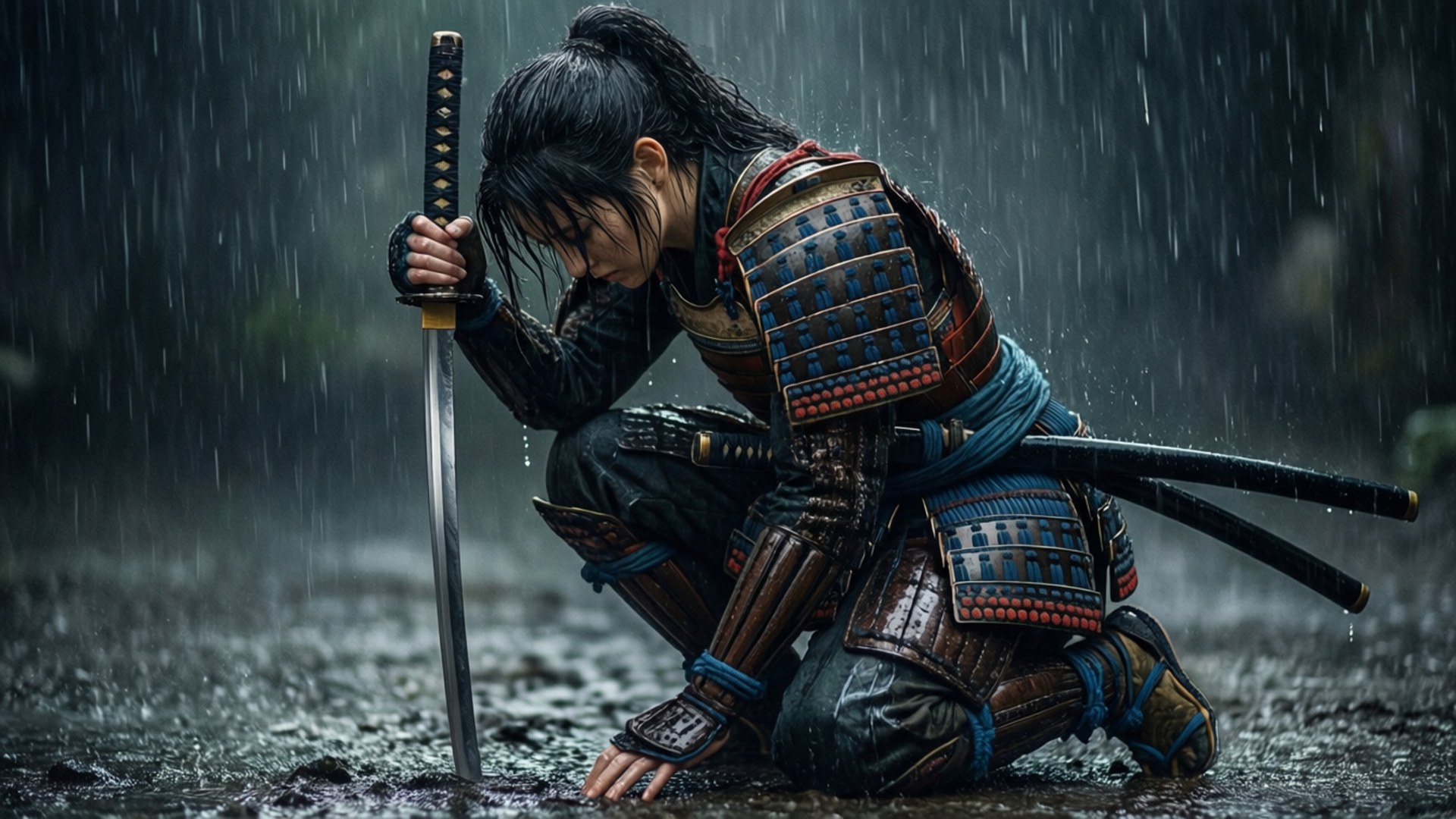 武士跪在雨中手持劍在泥濘森林中