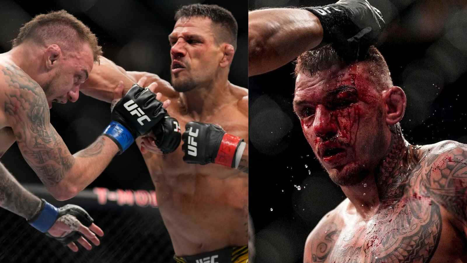 兩名滿臉鮮血的MMA拳手在近距離UFC比賽中搏鬥，紋身清晰可見。