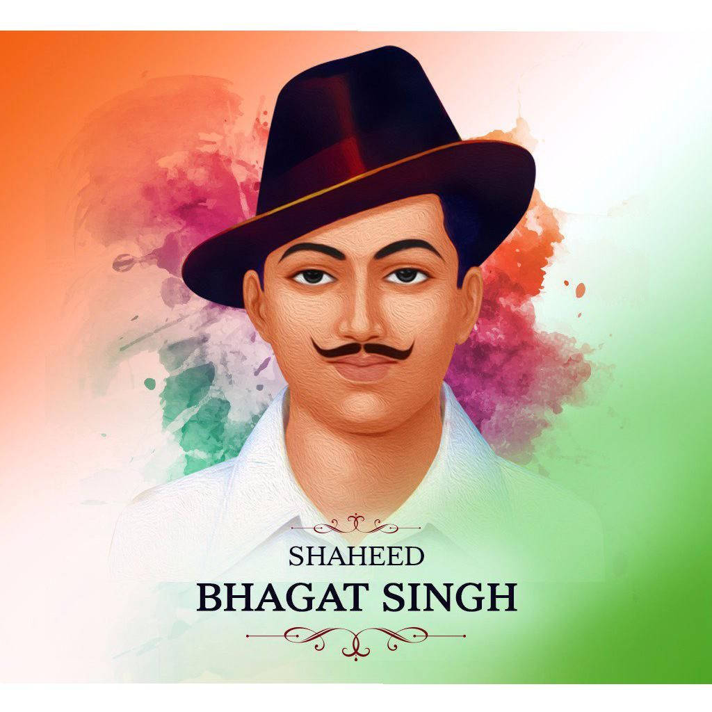 Shaheed Bhagat Singh 的肖像，附有文字和色彩繽紛的水彩背景。