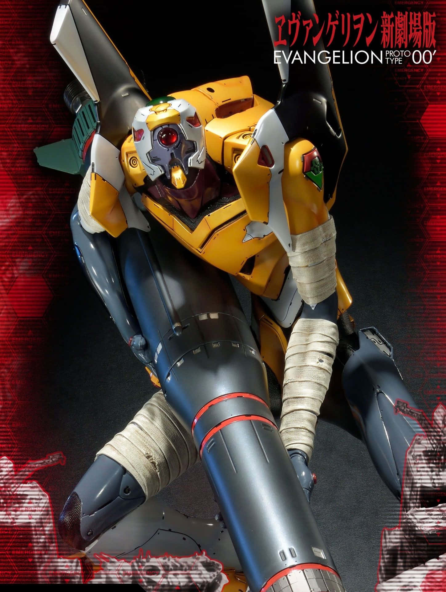 Eva-00 桌布 壁紙 — 受損的黃色和藍色 Evangelion Unit-00 側躺於帶有日文字的紅色故障背景上。