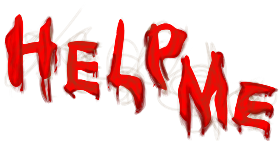 受損紅色「求救」文字 壁紙 — 在簡潔的黑色背景上，以粗體紅色塗鴉風格文字拼寫 HELP ME，並帶有混亂的棕色塗鴉。