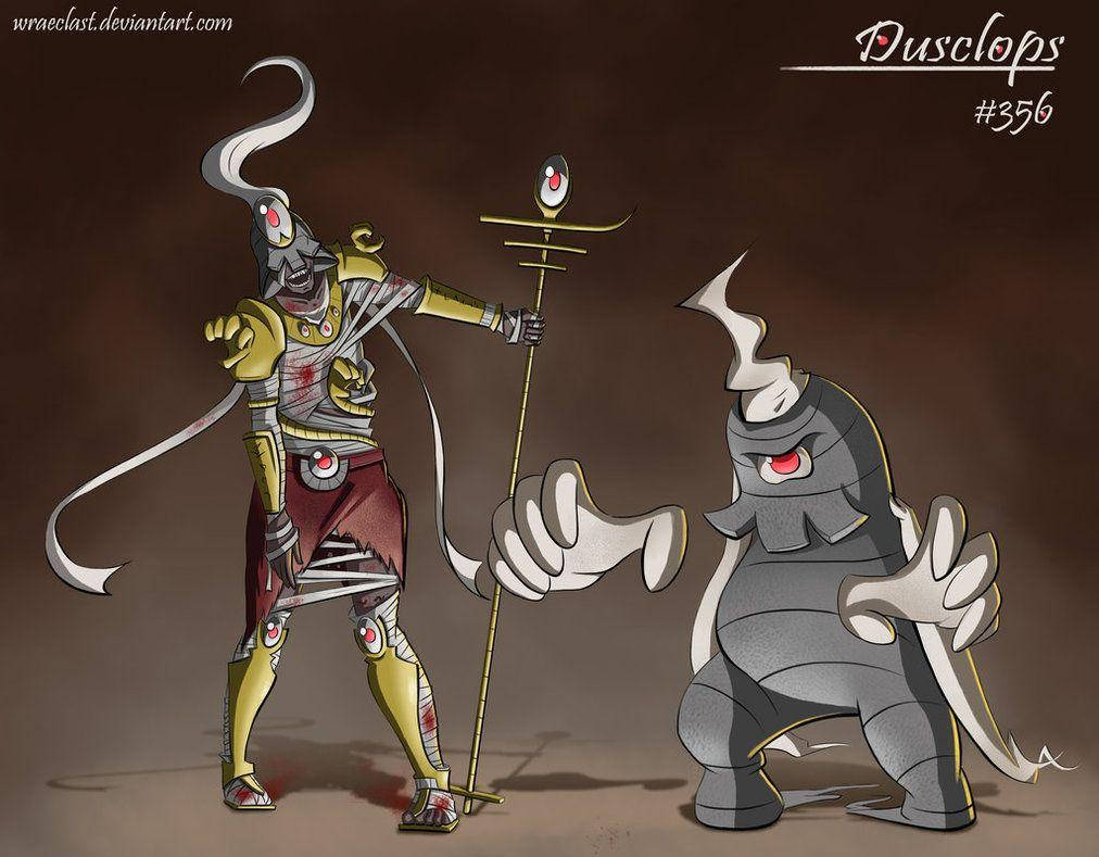 兩隻寶可夢 Dusknoir 和 Dusclops 帶有發光的紅色眼睛和旋轉的煙霧。