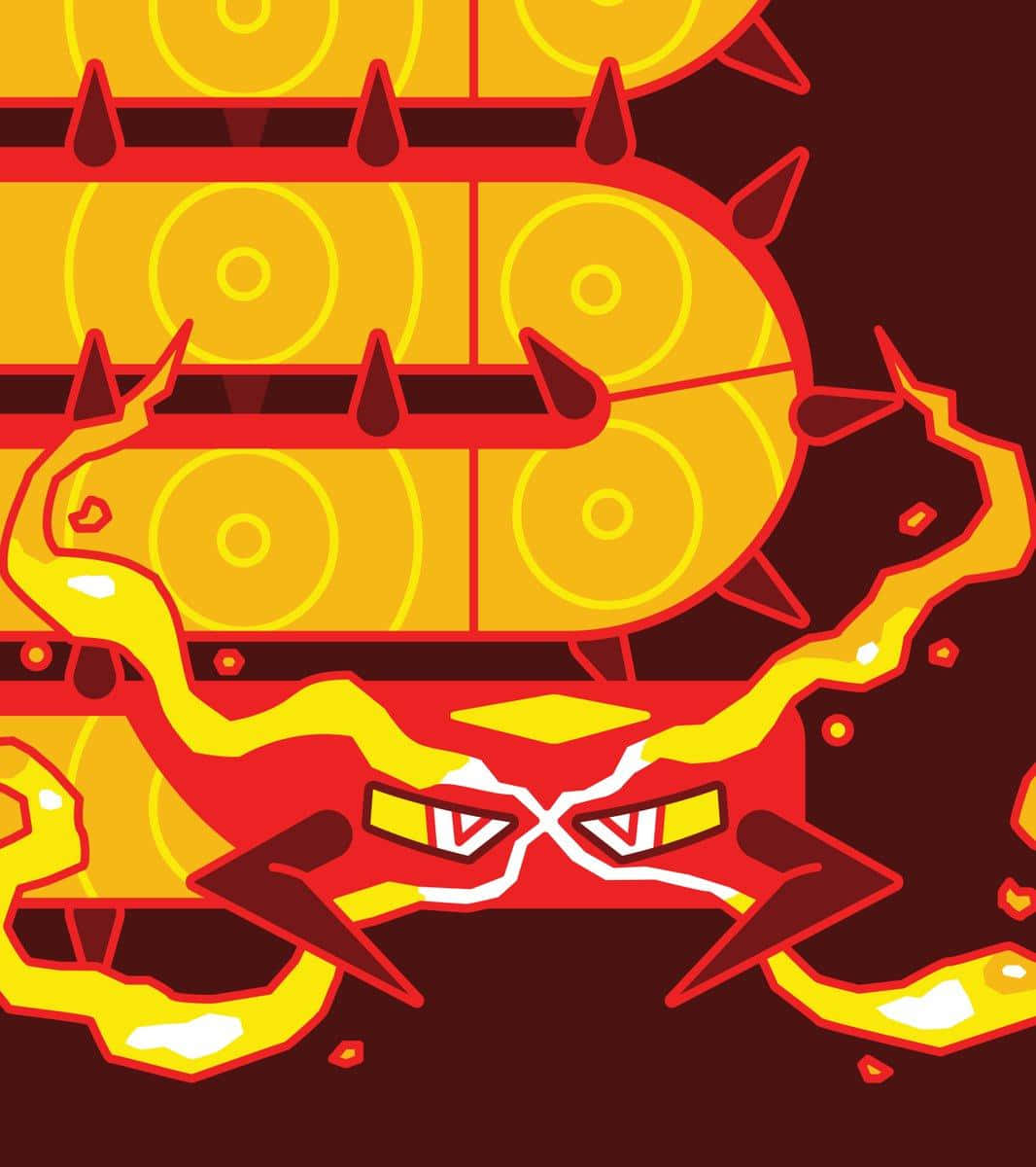 受蛇類遊戲啟發的Centiskorch圖像 壁紙 — 一隻風格化的火焰蟹，擁有發光的黃色眼睛和帶刺的盔甲，背景為深紅色。