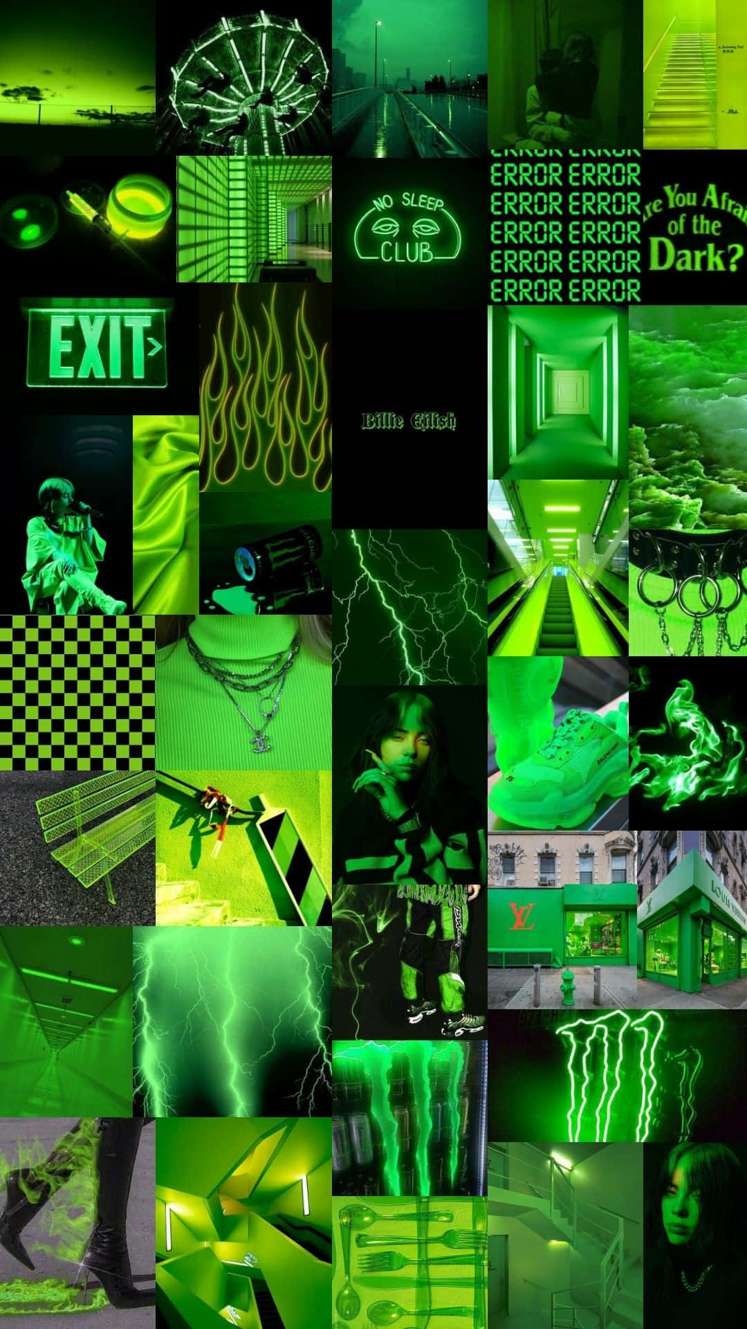 霓虹綠色恐怖拼貼畫，包含摩天輪、閃電和「No Sleep Club」文字。
