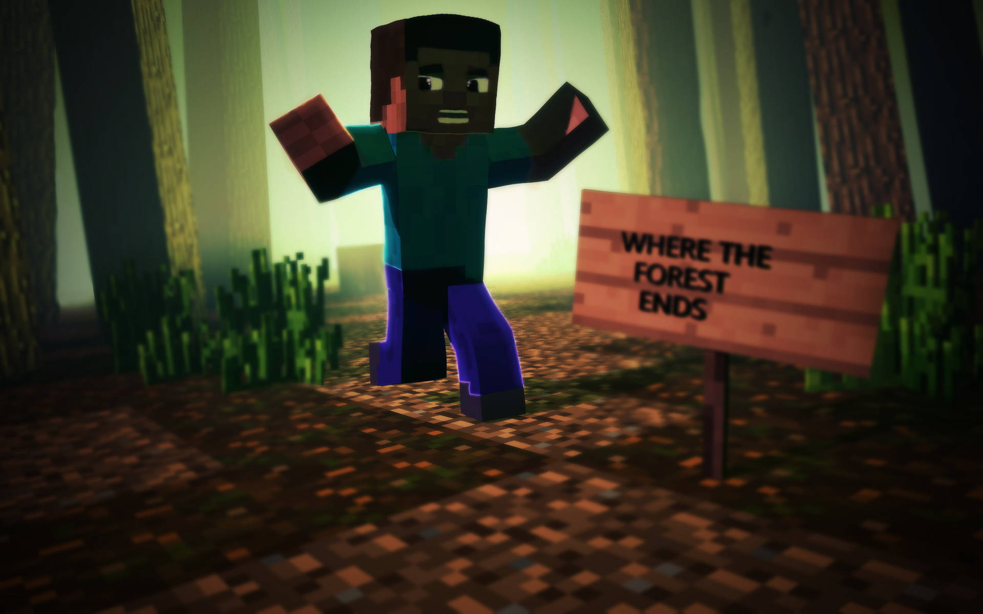 Minecraft角色在森林邊緣慶祝，旁邊有寫著森林盡頭的標誌。