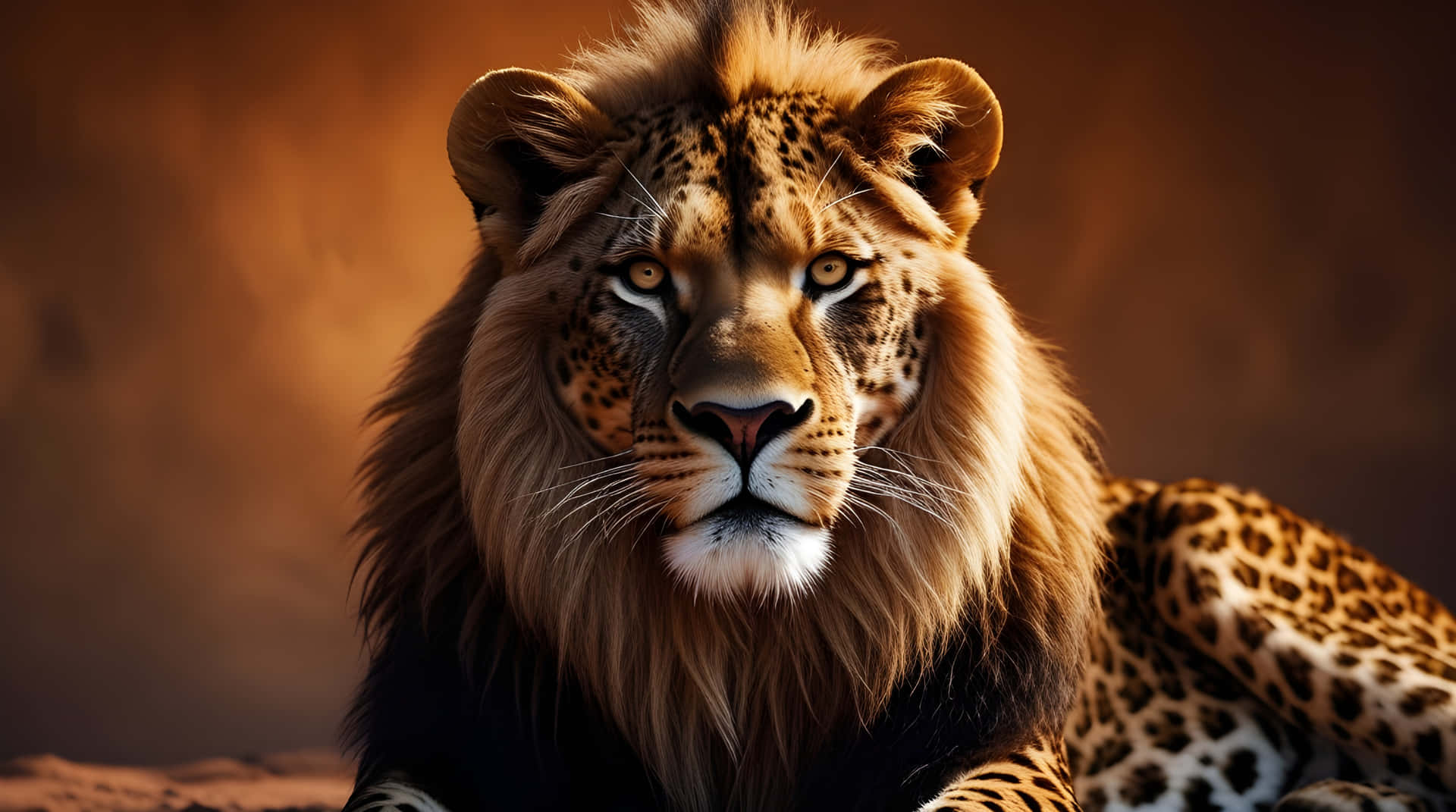 一頭雄獅，擁有完整的金色鬃毛，在溫暖的琥珀色背景下強烈地向前凝視。