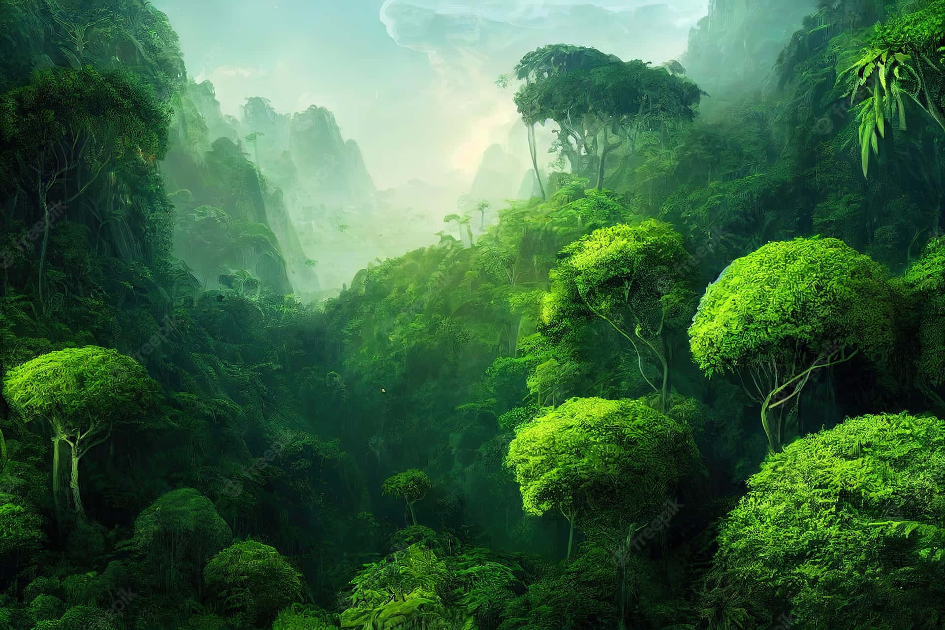 霧氣繚繞的叢林山谷，高聳的綠樹，柔和陽光穿過雲層。
