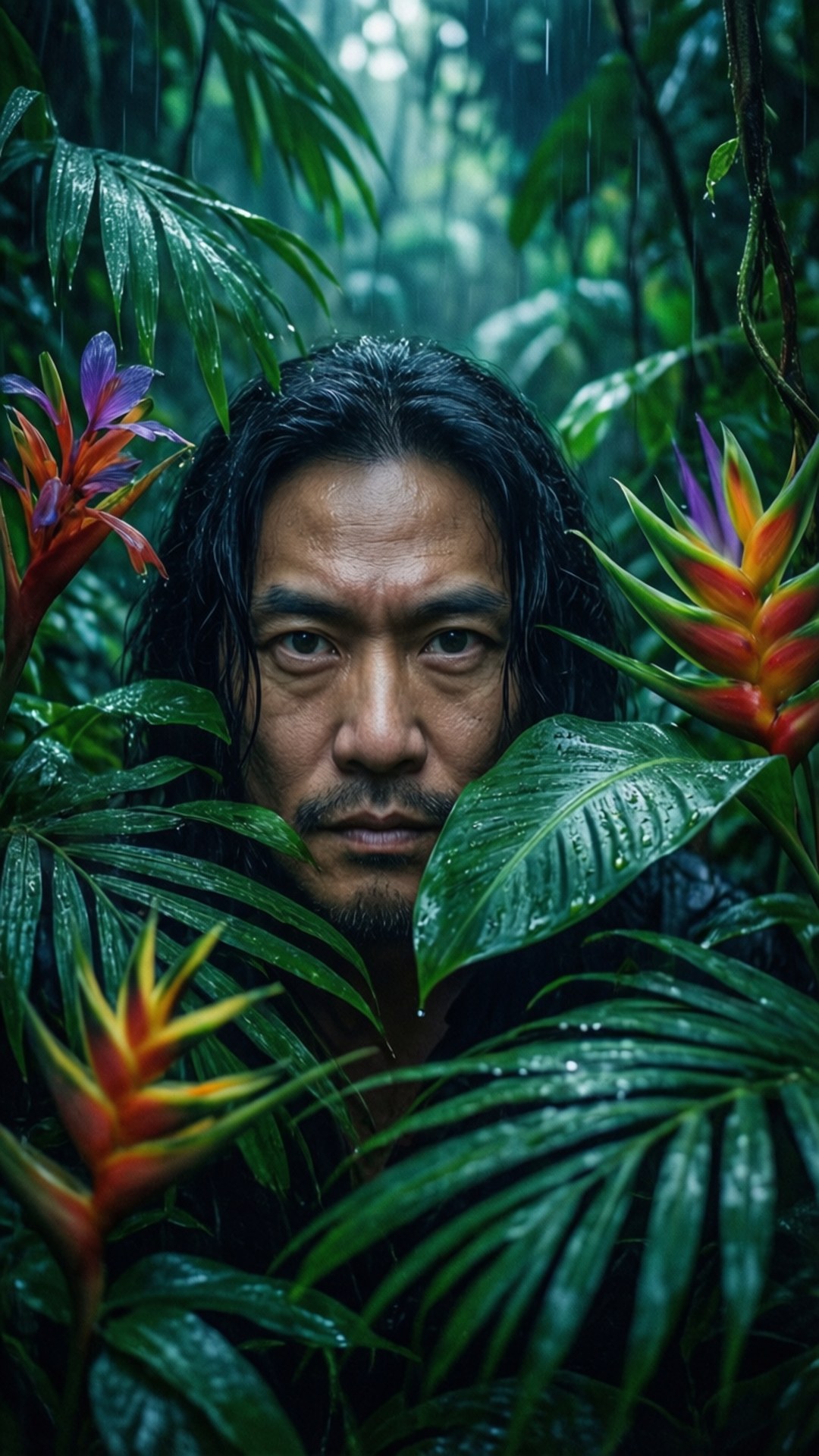 叢林偷窺 壁紙 — 一個濕黑頭髮的男人在雨中透過茂密的綠色叢林葉子窺視，周圍有鮮豔的橙色和紫色赫蕉花。