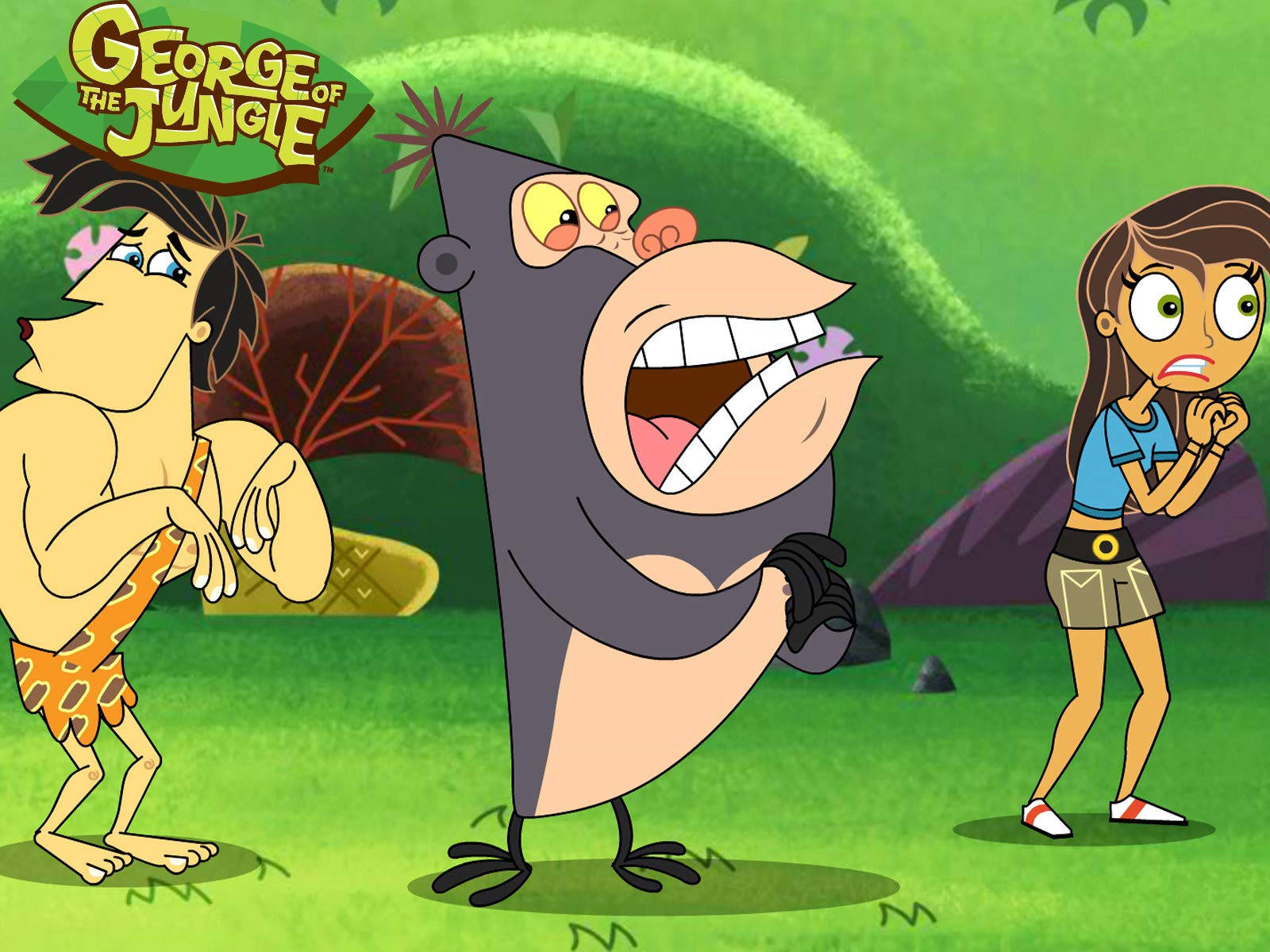 叢林吉姆角色驚慌失措 壁紙 — 卡通角色 George the Jungle、一隻猴子和一個女孩在充滿活力的叢林場景中表現出驚訝的反應。