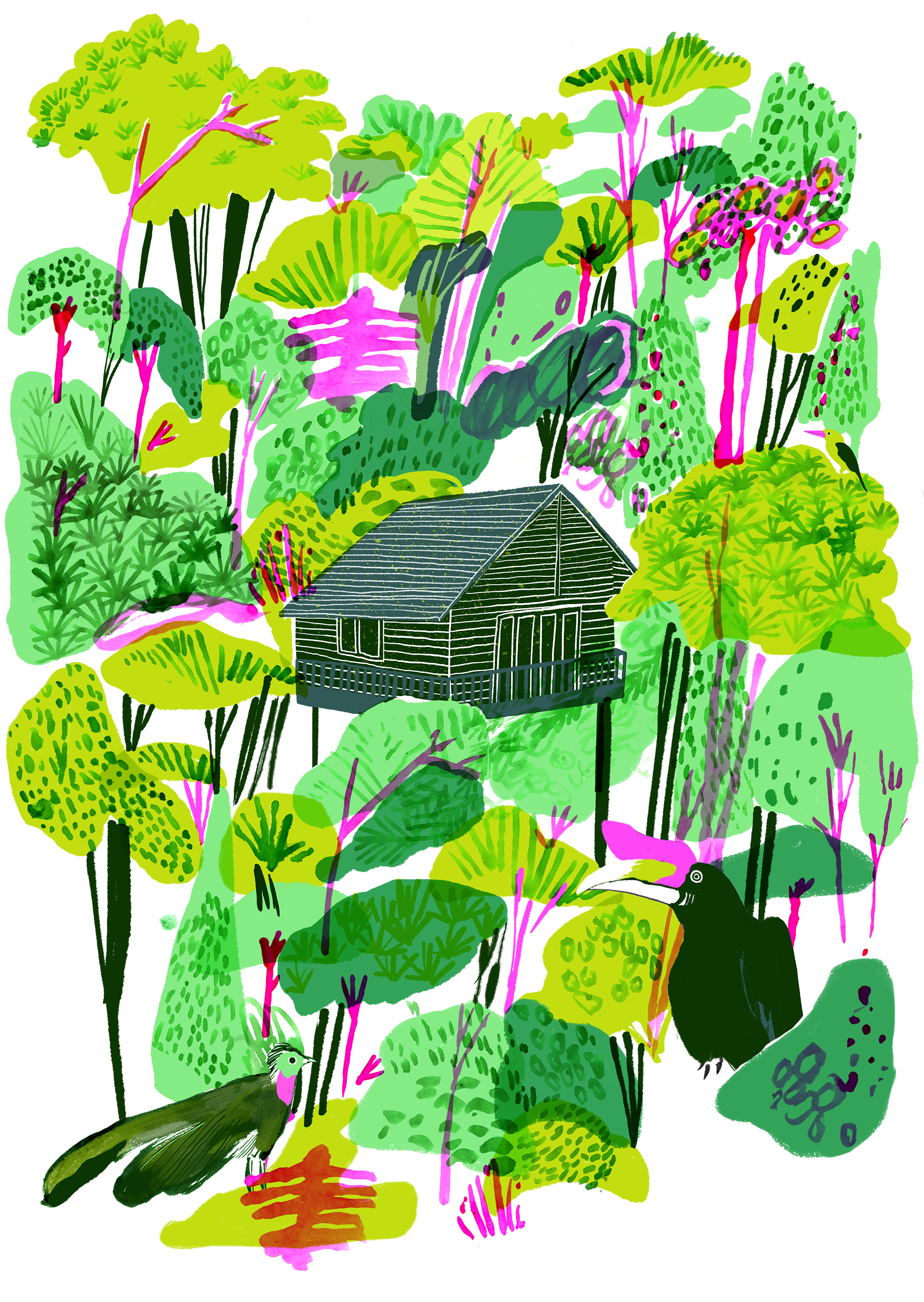 叢林小屋環繞植被 壁紙 — 一間風格化的小屋坐落在充滿活力的叢林中，叢林由霓虹綠和洋紅色樹葉組成，背景為黑色。