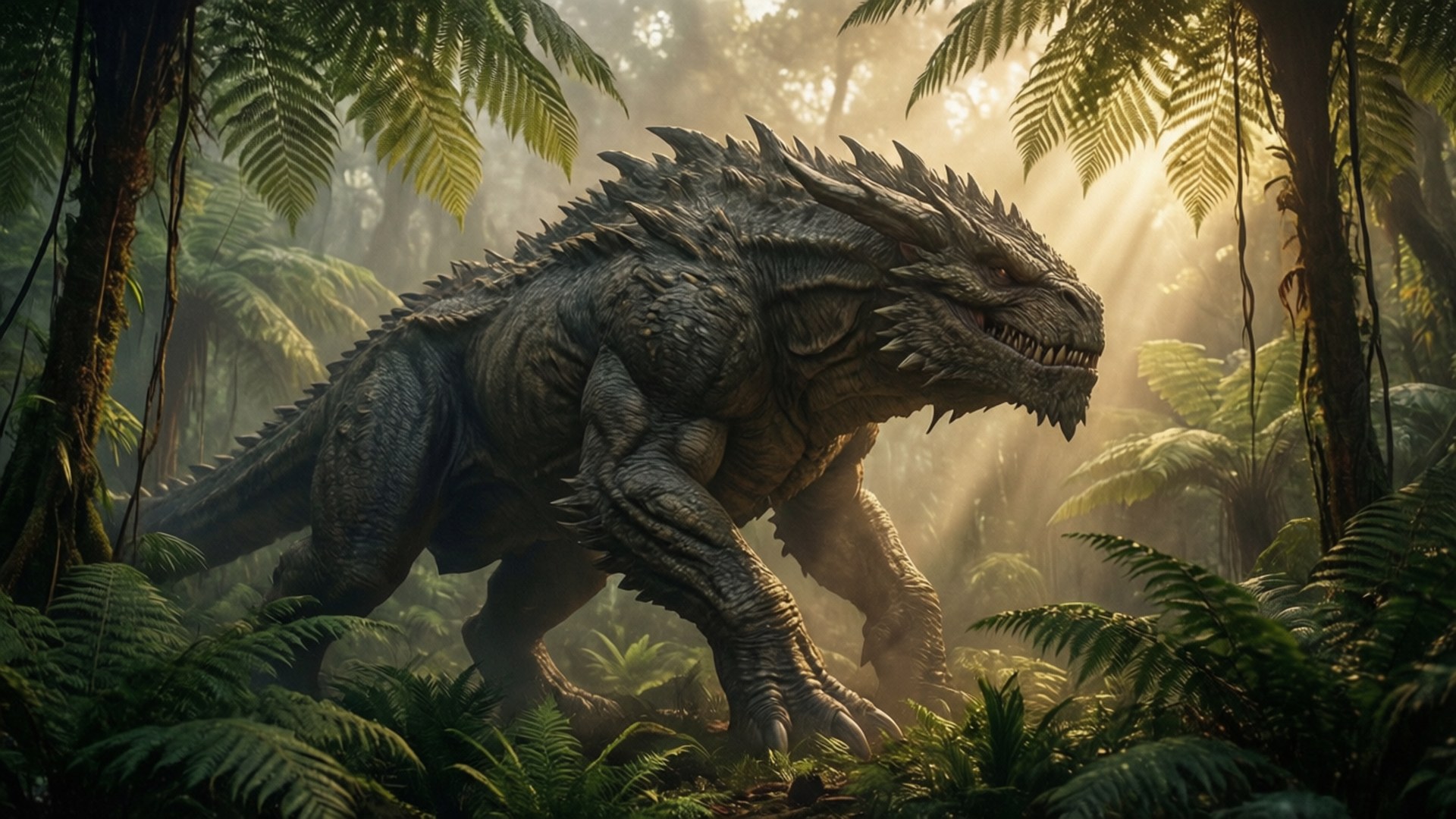 叢林巨獸 壁紙 — 一隻巨大的多刺爬蟲類生物，眼睛發光，在迷霧叢林中潛行，金色陽光穿過茂密的蕨類植物和高聳的樹木。