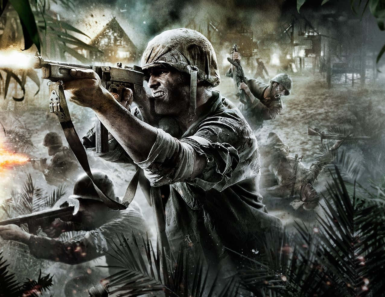 War Games 桌布 壁紙 — 叢林戰爭中的士兵在煙霧和樹葉中開火，呈現出一場激烈的戰鬥場景。