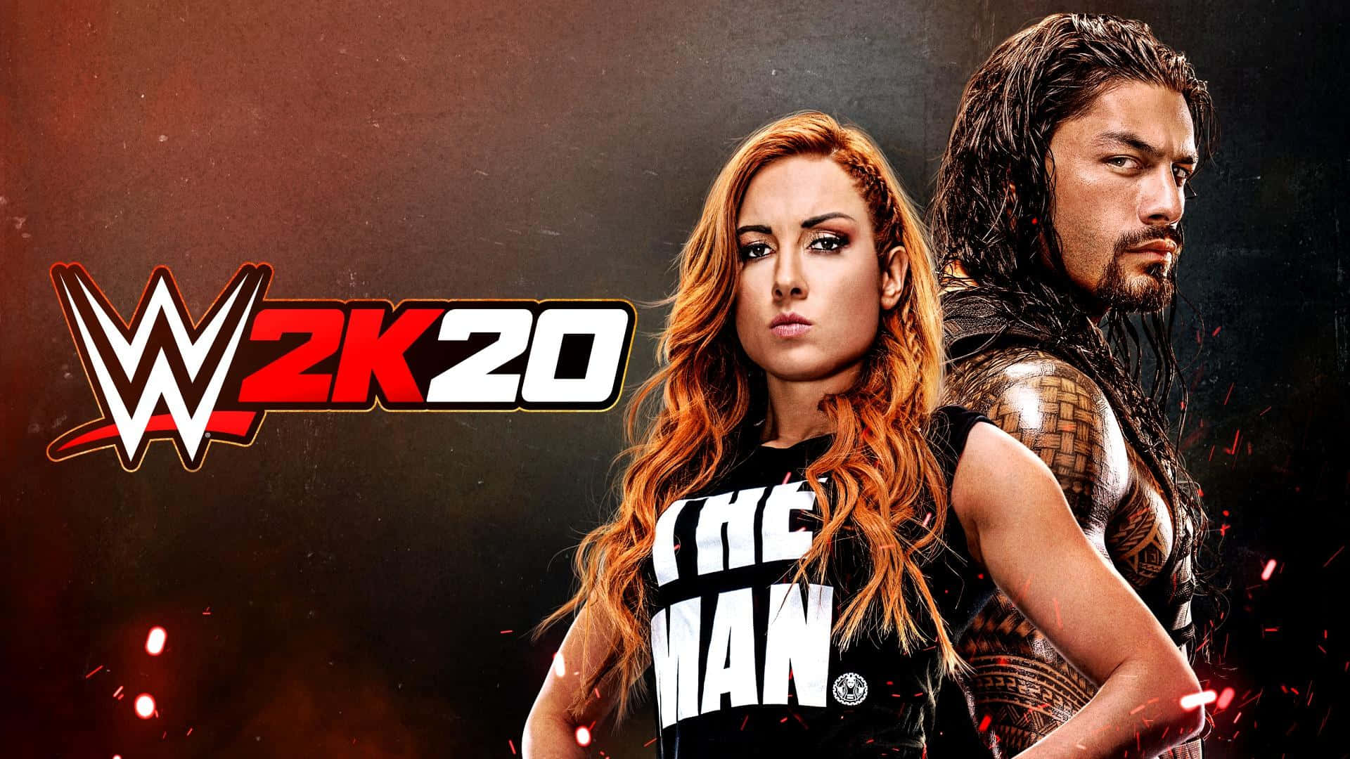 WWE 2K20封面， featuring Becky Lynch和Roman Reigns以戰鬥姿勢出現。