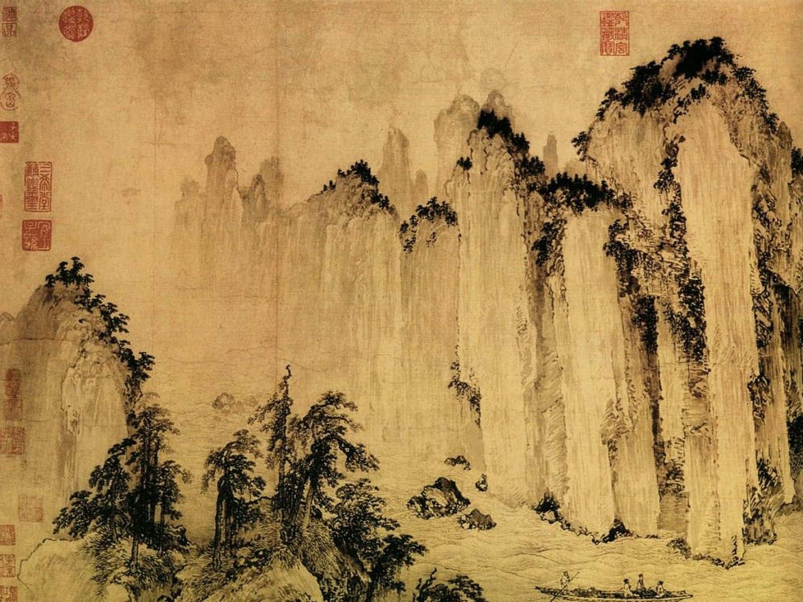 Painting 桌布 壁紙 — 古代中國水墨畫描繪了高聳雲霧繚繞的山巒，松樹和一條小河上載有人的小船。