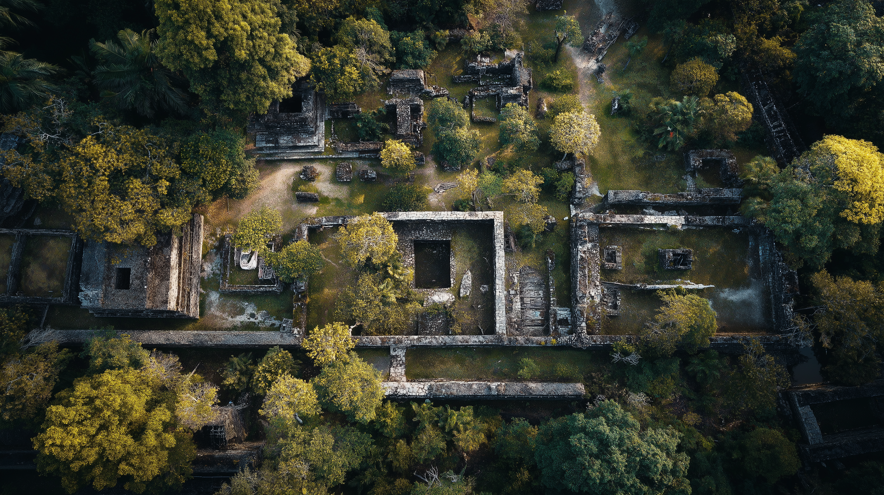 古代城堡鳥瞰 壁紙 — 熱帶叢林中，古老石頭廢墟被茂密的綠色樹木和苔蘚覆蓋的鳥瞰圖。