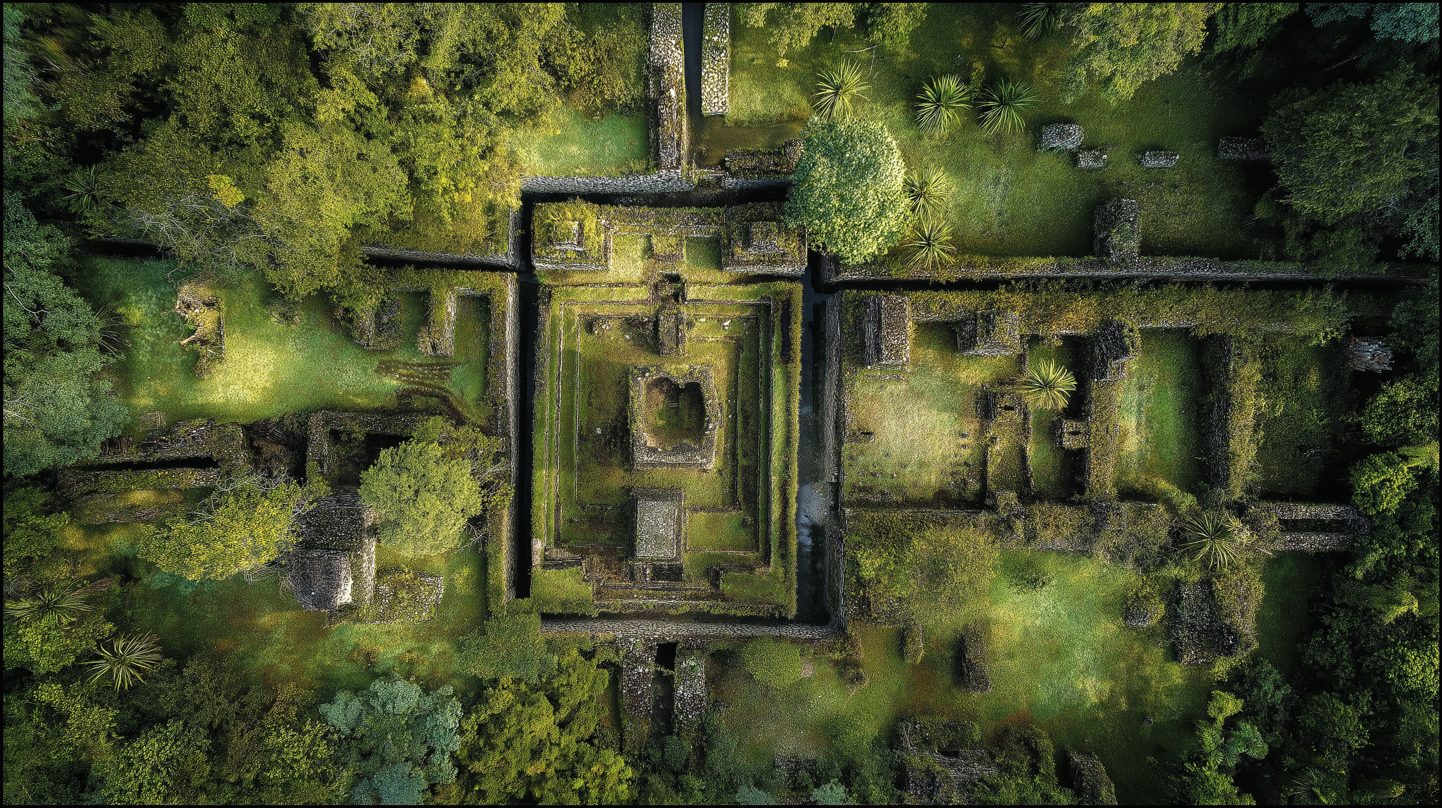 古代城堡鳥瞰 壁紙 — 古老石頭廢墟的鳥瞰圖，被茂密的綠色叢林植被和棕櫚樹覆蓋。