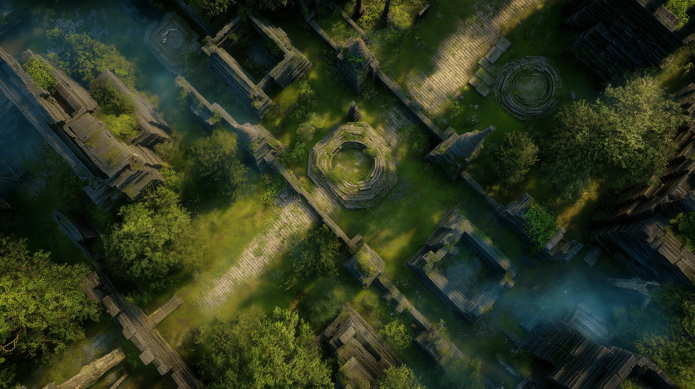 古代城堡鳥瞰圖 壁紙 — 古代石造遺跡被茂密綠植和薄霧覆蓋，在斑駁陽光下的航拍視圖。