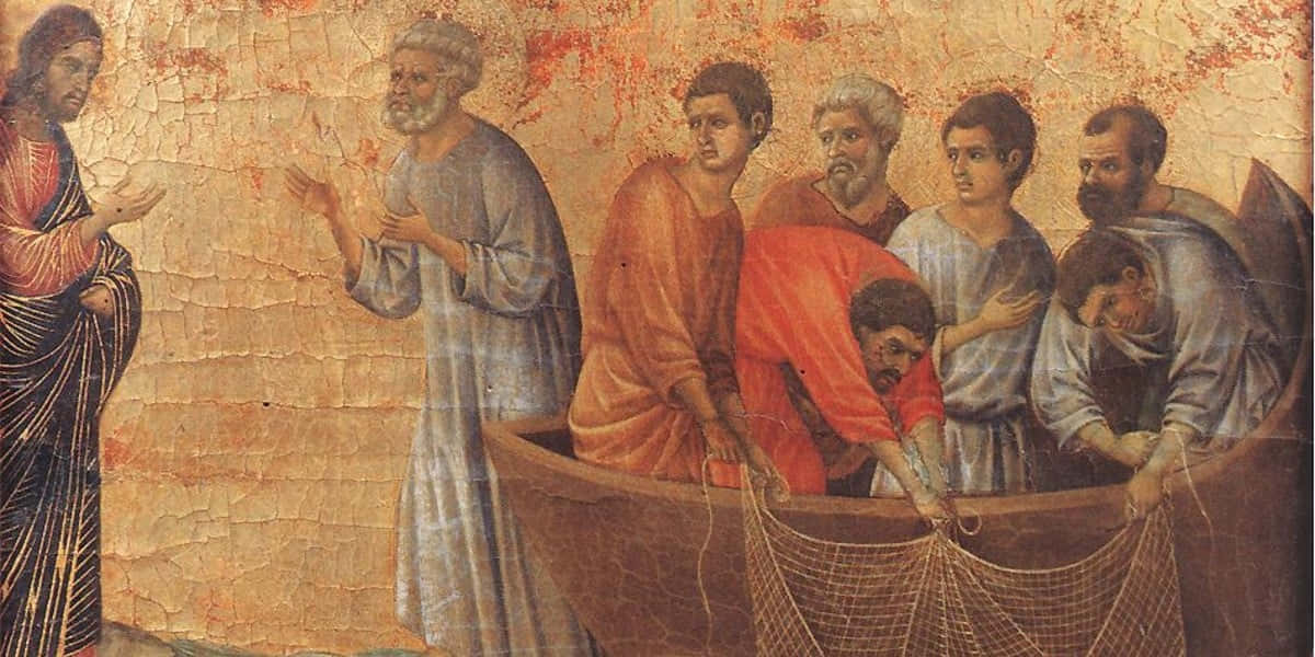 Jesus Disciples 桌布 壁紙 — 古代壁畫描繪耶穌在船邊教導漁夫，牆壁有裂縫且陳舊，色調柔和的大地色系。