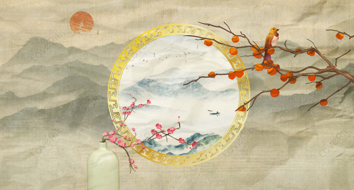 古代日本村落 壁紙 — 一幅傳統中國水墨畫，以金色畫框裝裱，描繪梅花和一隻棲息在柿子枝上的鳥兒，背景是煙霧繚繞的山巒和一輪紅日。