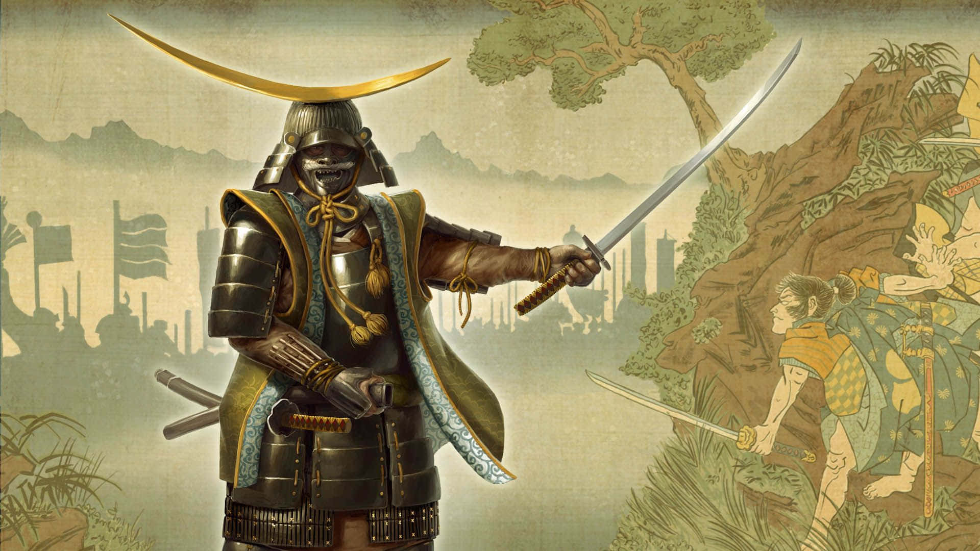 古代白川與威猛武士裝甲結合，於《全面戰爭：幕府2》中創造逼真的日本風景 壁紙 — 一位身穿華麗盔甲的武士，手持武士刀，以霧氣繚繞的山脈和遠處的城市景觀為背景，擺出架勢。