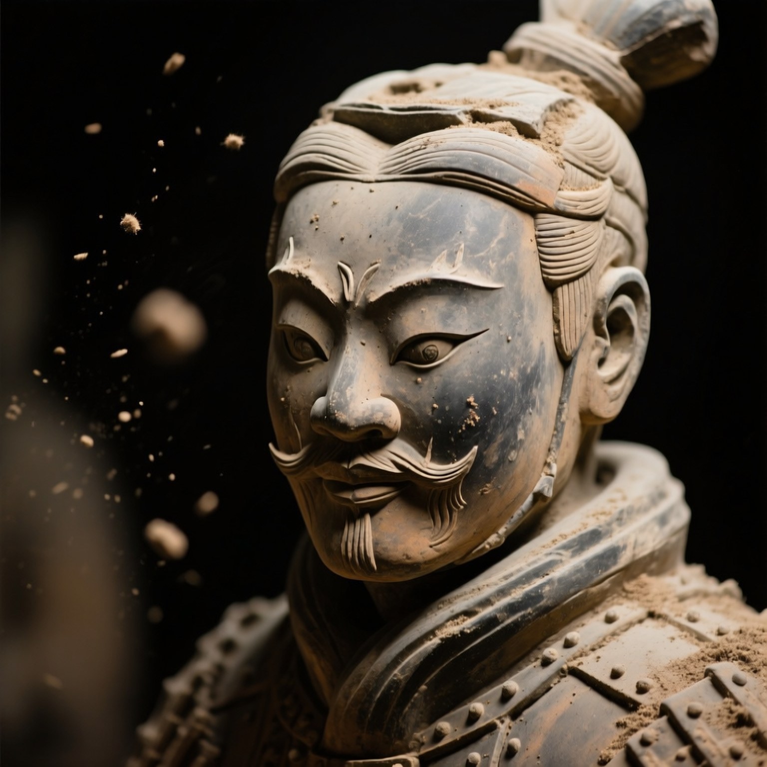 佈滿灰塵的兵馬俑雕像特寫，空氣中漂浮著顆粒