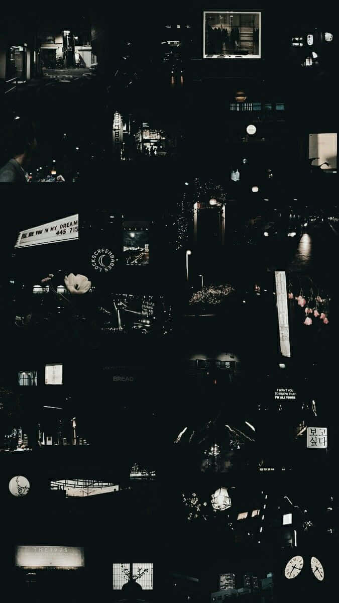 帶有發光標誌和濕街道的黑暗城市夜景拼貼畫。