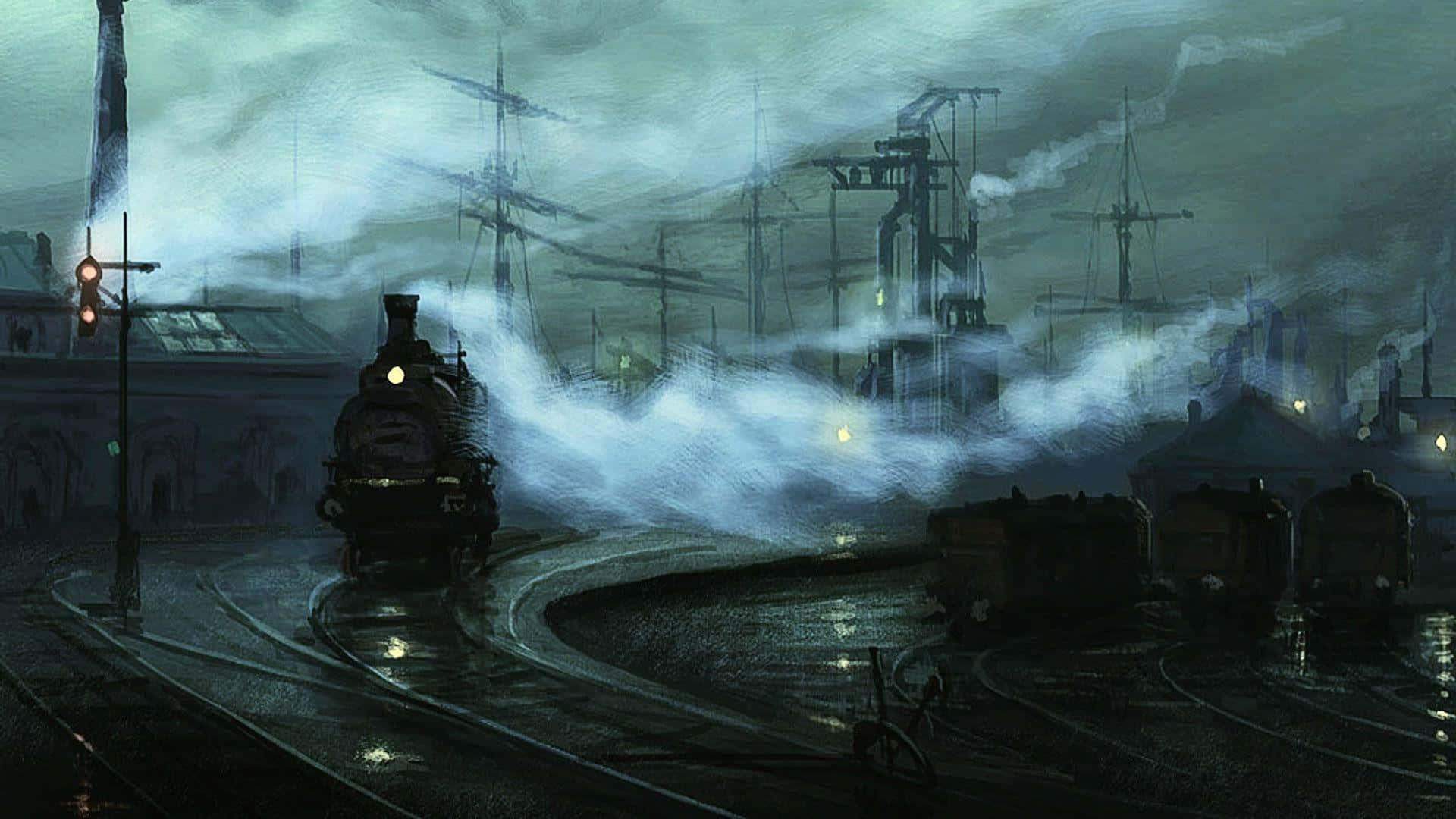 夜晚落雨嘅工業車站，一列蒸汽火車噴出煙霧。