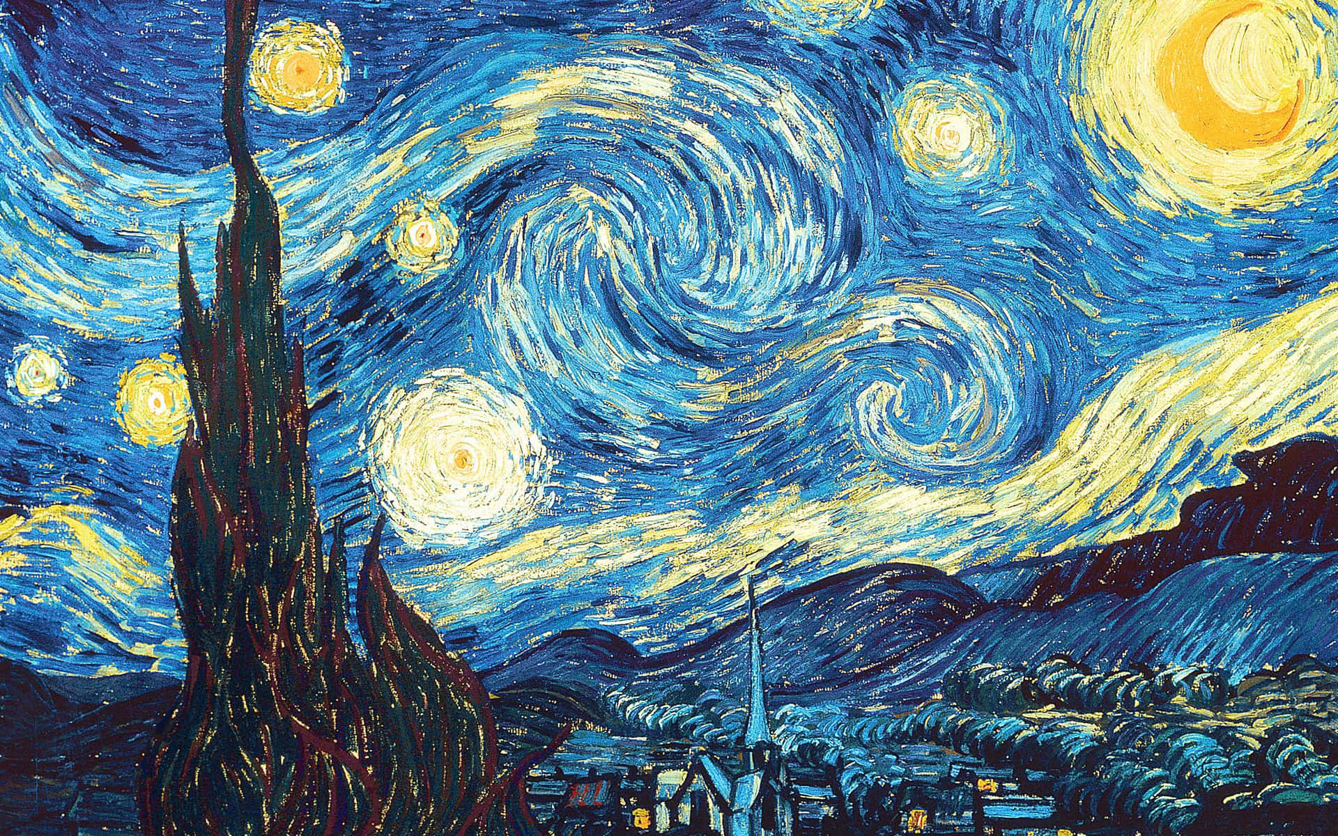 夜空中有旋轉的星星，柏樹下有一個村莊。 — 藝術 壁紙