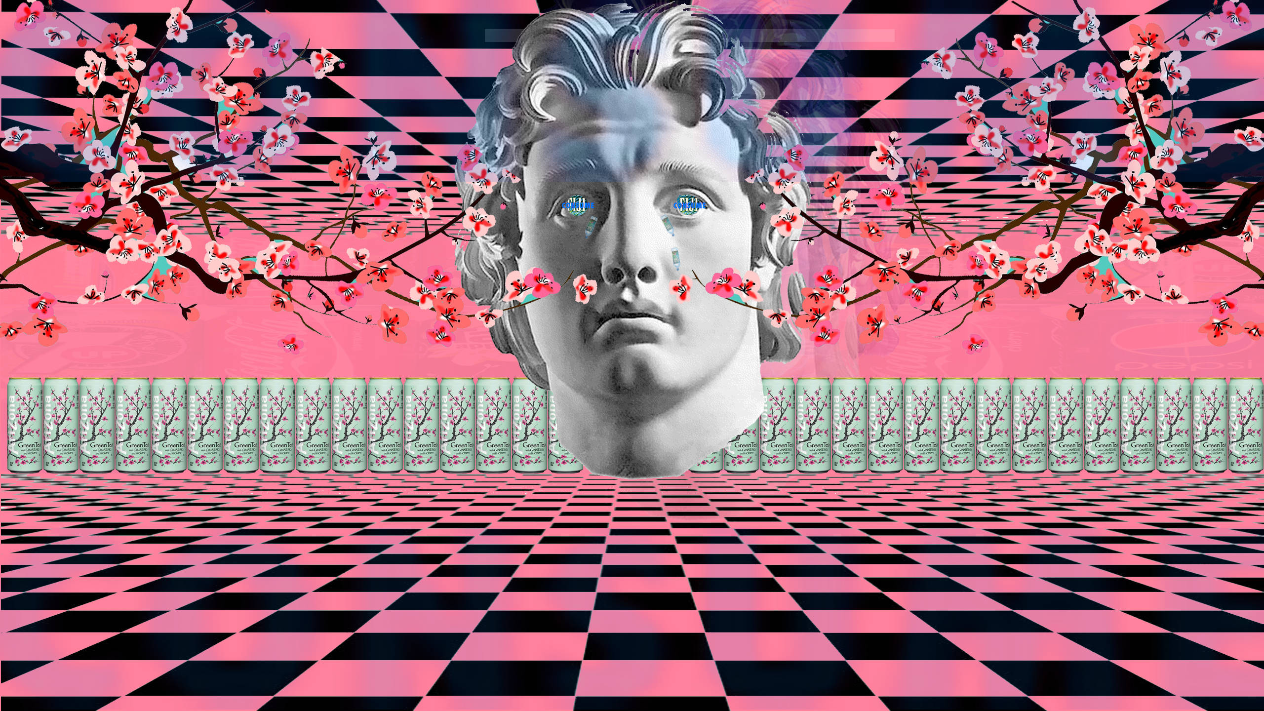 古典頭像櫻花蒸汽波桌面 壁紙 — 一個經典的大理石半身像漂浮在粉紅色和黑色棋盤格地板上，櫻花枝條環繞著它的臉龐。
